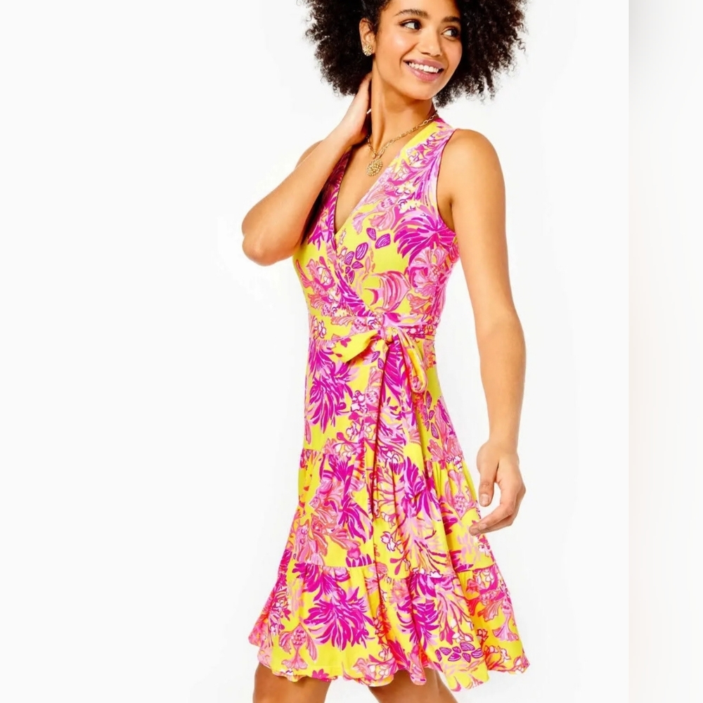 Lilly Pulitzer Floral Wrap Dress in Pink and Yellow